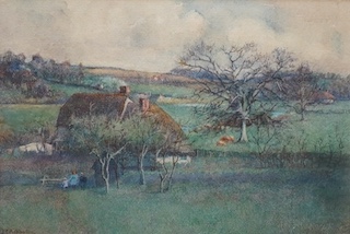 19th century English School, watercolour, Rural landscape with figures before a cottage, indistinctly signed lower left, 16 x 22cm. Condition - fair